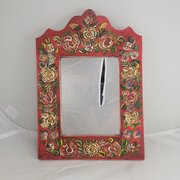 Vintage Other - VTG 1980 Titisee Germany Wall-Hanging Mirror Photo Frame Handpainted Rose Floral